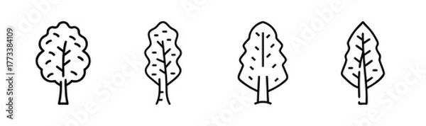 Fototapeta Four simple line art birch trees with detailed foliage and trunks displayed in a row