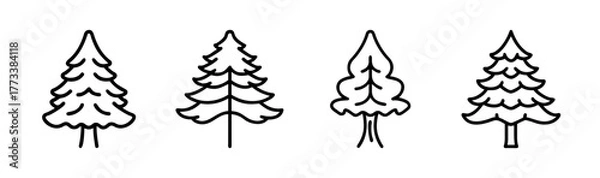 Fototapeta Collection of four hand-drawn pine trees sketch style forest nature elements