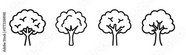 Fototapeta Four sketched beech trees in a row with textured foliage and distinct branches simple woodland design