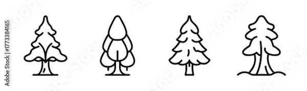 Fototapeta Four stylized cypress trees collection simple outline nature graphics
