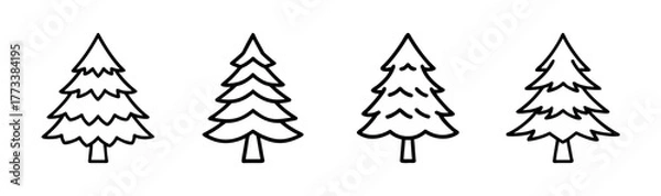 Fototapeta Four hand drawn outline douglas fir trees for winter holidays and forest designs