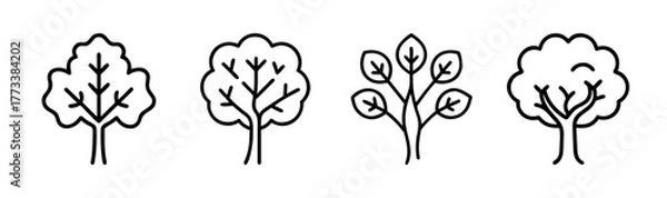 Fototapeta Collection of four stylized hand drawn elm trees nature elements simple line art