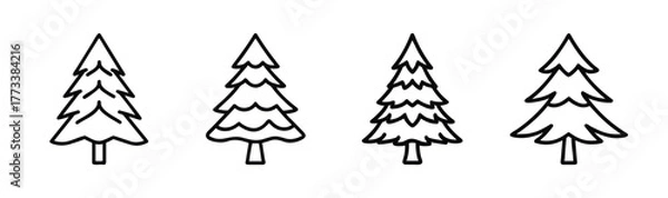 Fototapeta Four hand drawn douglas fir trees isolated stylized evergreen forest elements nature