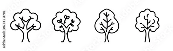 Fototapeta Collection of four stylized elm trees simple line art botanical elements for nature designs