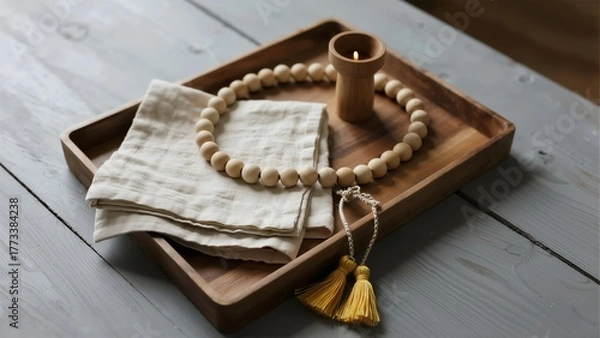 Obraz Wooden tray with folded linen cloth, wooden bead necklace, and candle holder on a rustic wooden surface