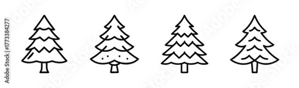 Fototapeta Four simple hand-drawn fir trees in a row line art monochrome