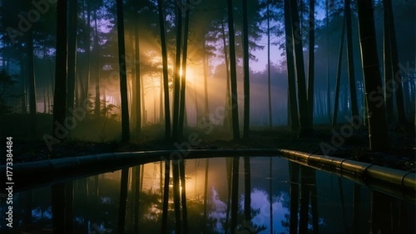 Obraz Sunlight filtering through misty forest trees, reflected in a calm pool at dusk
