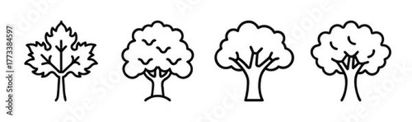 Fototapeta Four distinct stylized trees line drawing collection botanical nature elements simple outline art
