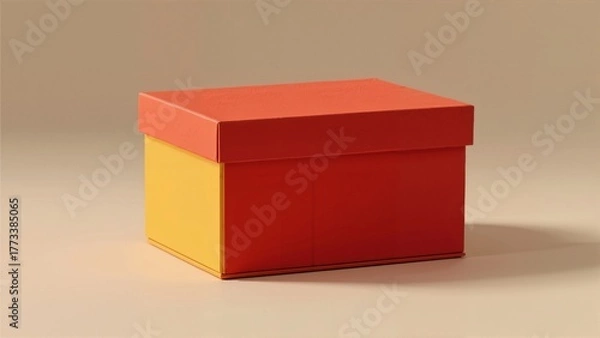 Obraz A red and yellow rectangular box with a lid, positioned on a neutral background.