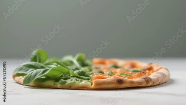 Obraz A freshly baked pizza topped with tomato sauce, herbs, and fresh basil leaves on a neutral background