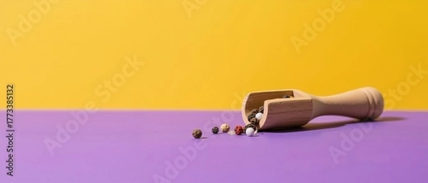 Obraz Wooden scoop with scattered colorful pills on purple and yellow background