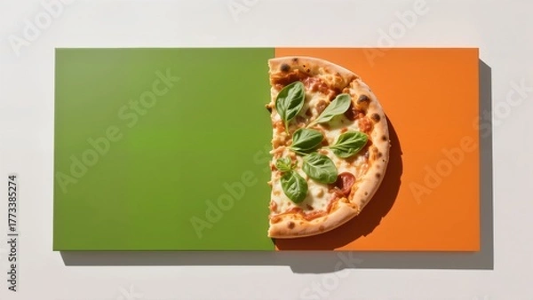Obraz A half pizza with fresh basil leaves placed on a split green and orange background.