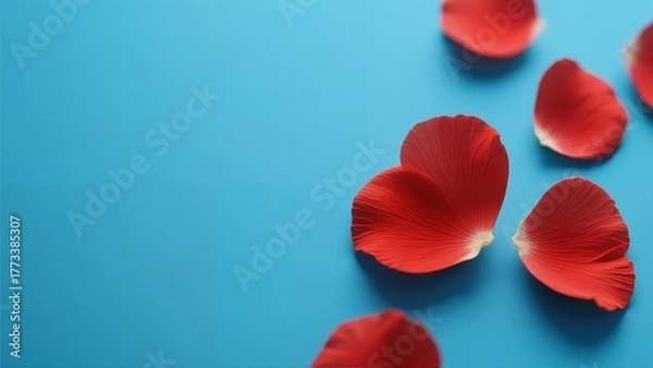 Obraz Red rose petals scattered on a blue background