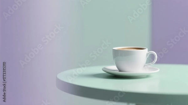 Obraz White ceramic coffee cup on a pastel green table against a soft purple and teal background