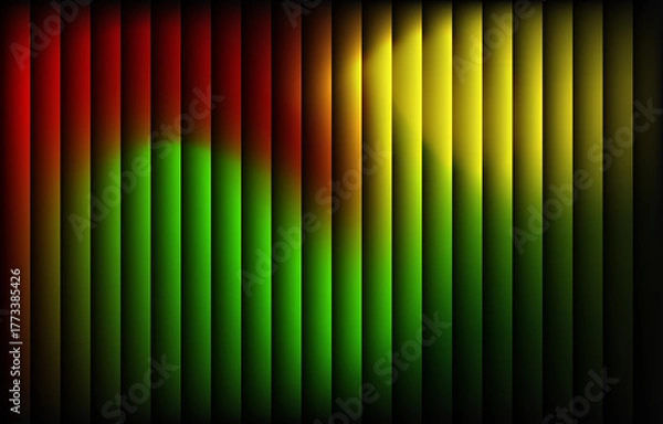 Fototapeta Red, yellow, and green neon light wave with vertical glowing stripes. Abstract luminous gradient background creating a modern digital energy flow. Perfect for creative design, music visuals, 