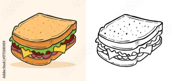 Obraz Hand-drawn delicious sandwich illustration in colored and outline version, perfect for menu, icon, sticker, or food design project