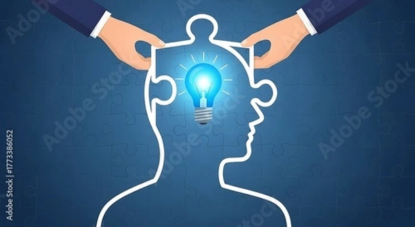 Obraz Hands completing jigsaw puzzle head with lightbulb inside for idea concept