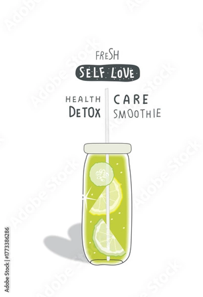 Obraz Vector illustration of bottle detox water with cucumber and a shadow of self-love. Health care is love yourself. Healthy hydration with clean aqua fluid.