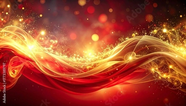 Fototapeta Abstract Golden Waves Flowing Through Red Bokeh and Sparkles, Evoking a Sense of Celebration and Magic