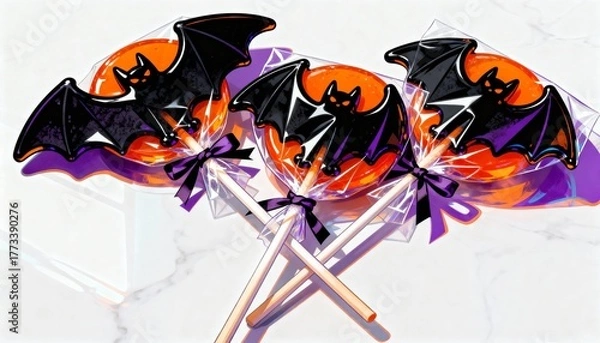 Fototapeta Three halloween bat lollipops on sticks, individually wrapped, isolated on white background