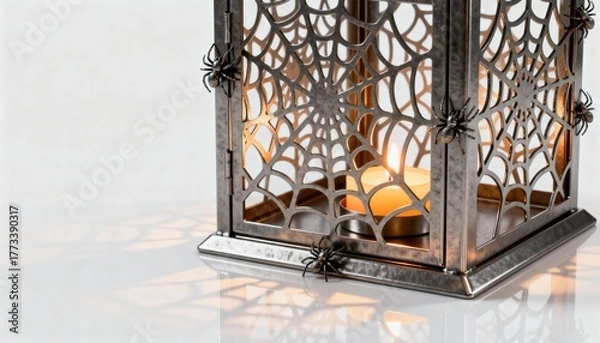 Fototapeta Halloween lantern with spider web design and spiders, isolated on white background