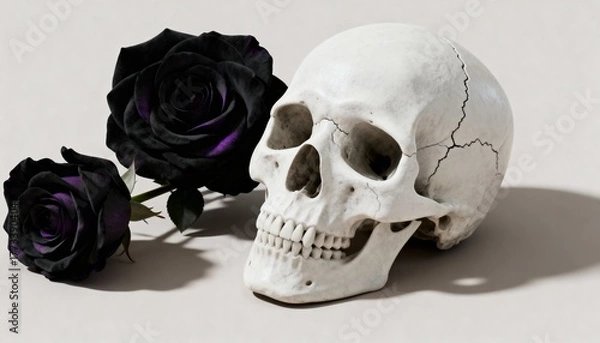 Fototapeta A white skull with cracked details and two dark black roses isolated on white background