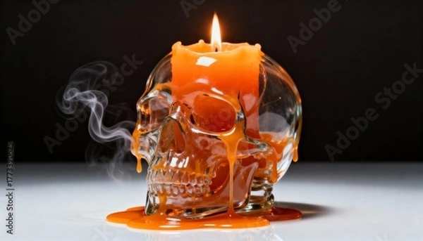 Fototapeta A burning orange candle melts over a glass skull, creating a spooky halloween atmosphere