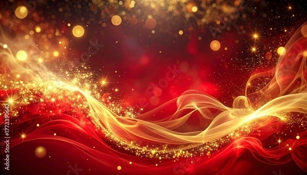 Fototapeta Elegant abstract background featuring flowing golden waves and shimmering particles against a vibrant red backdrop with bokeh lights