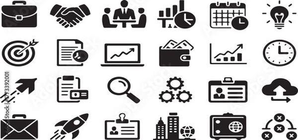 Fototapeta business icons, finance symbols, public facility, wayfinding, corporate growth, marketing strategy, startup, accessibility, restroom signs, emergency pictograms, briefcase, handshake, meeting, target,