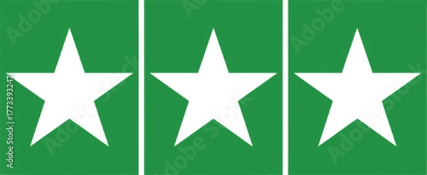 Fototapeta Three bright white five-pointed stars on vibrant kelly green backgrounds. A clean, modern graphic element signifying excellence, quality, and achievement