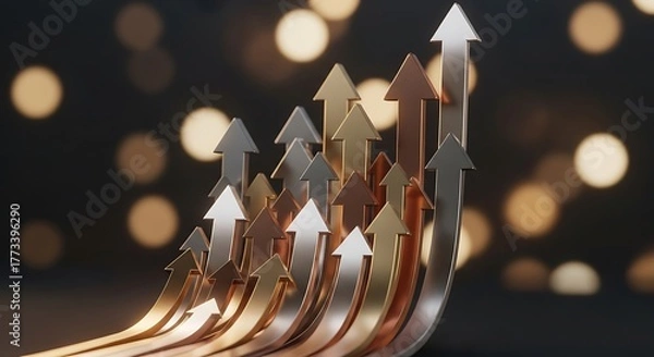 Fototapeta Dynamic metallic arrows surging upwards, symbolizing market growth and business success against a blurred bokeh background