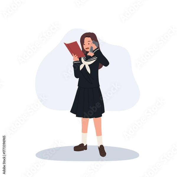 Fototapeta japanese schoolgirl in sailor uniform talking on phone and reading book.