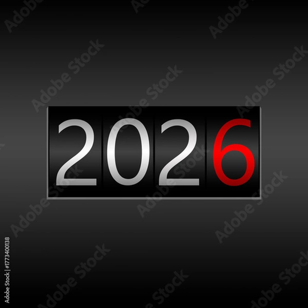 Fototapeta 2026. New Year Black Odometer on black background - New Year 2026 design, odometer style with white and red numbers