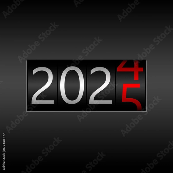 Fototapeta 2025. New Year Black Odometer on black background - New Year 2025 design, odometer style with white and red numbers