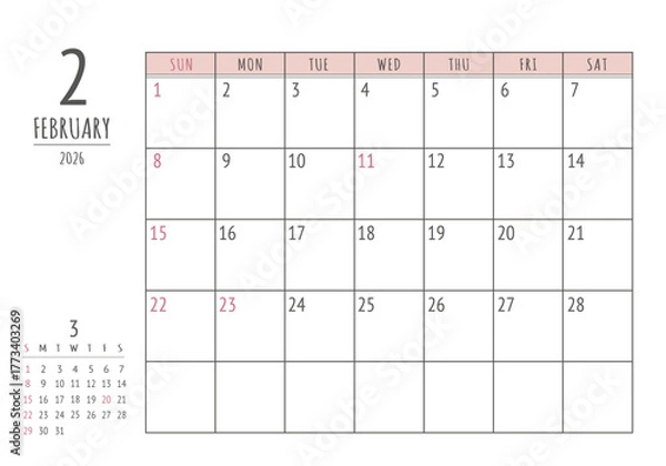 Fototapeta 2026年 2月 シンプル書き込みカレンダー
