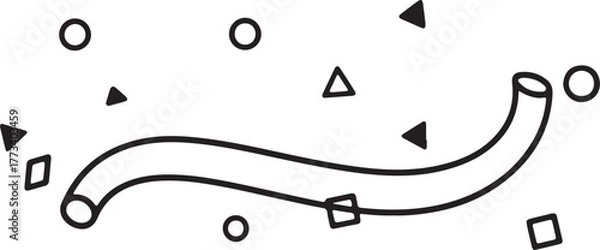 Fototapeta Minimalist Festive Streamer Icon with Geometric Confetti – Black Line Art Celebration Design for Holiday, Party, and Event Themes