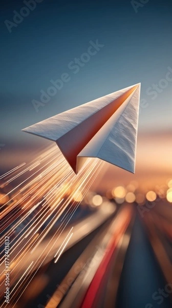 Fototapeta White paper airplane flying fast through blurred evening city lights symbolizing innovation, startup growth and success in business communication and logistics concept