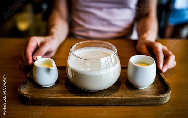 Obraz A glass of milk with two small pitchers on a wooden tray