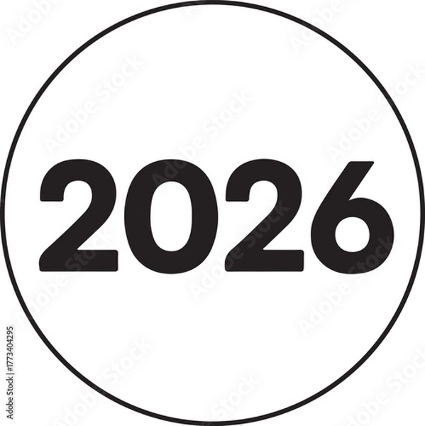 Fototapeta Minimalist 2026 Year Icon – Bold Black Digits in Circle Outline for Calendars, Planners, Events & Stock Use
