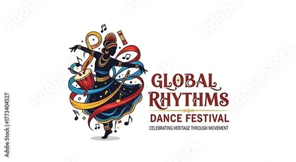 Fototapeta Global Rhythms Dance Festival Logo with Dancer and Musical Notes.