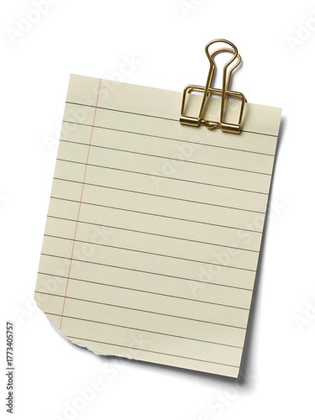 Obraz A single sheet of lined paper held by a gold binder clip, isolated on white background
