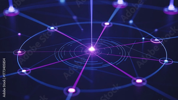 Fototapeta Abstract network of glowing purple and blue nodes connected by light beams