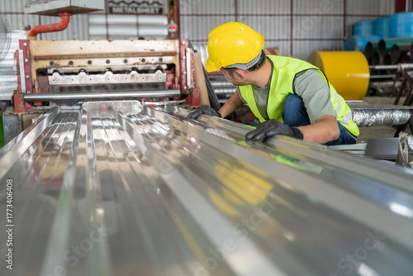 Obraz A Worker in safety gear inspecting the quality of a corrugated metal sheet (roofing panel) as it is produced by a roll forming machine in a factory.