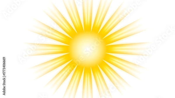 Fototapeta Bright, radiant sunburst with sharp yellow rays emanating outwards on a white background