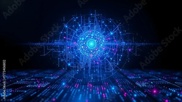 Obraz Abstract blue sphere energy reactor or molecule technology with glowing digital fractal light, binary code, and futuristic star pattern