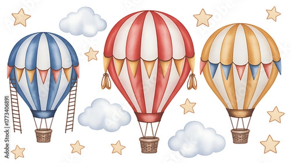 Fototapeta Three colorful hot air balloons floating among clouds and stars, whimsical illustration