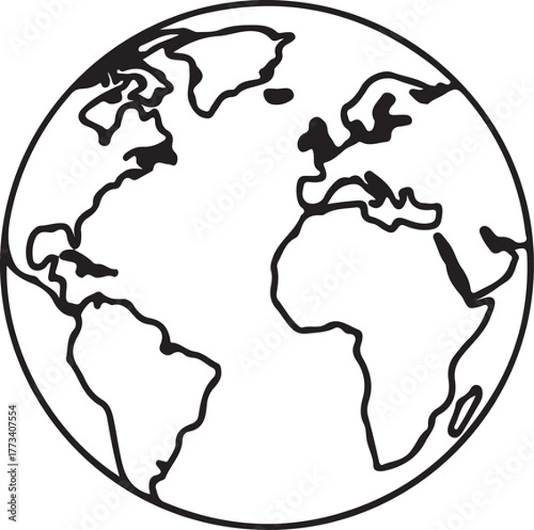 Fototapeta Minimalist Earth Globe Icon – Black and White Line Art of Continents Around Atlantic Ocean – High-Contrast Vector for Geography, Education, and Global Themes