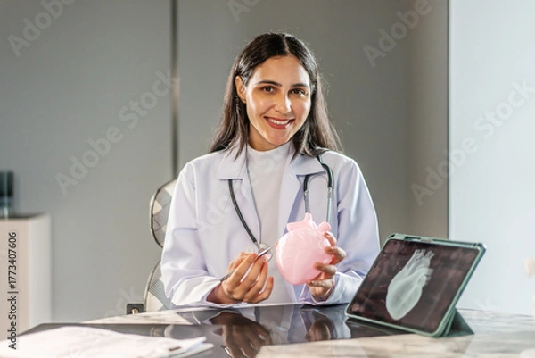 Obraz Portrait of a smiling female doctor cardiologist showing model of the heart and looking at the camera in a hospital office or clinical examination room, Healthcare and medical service