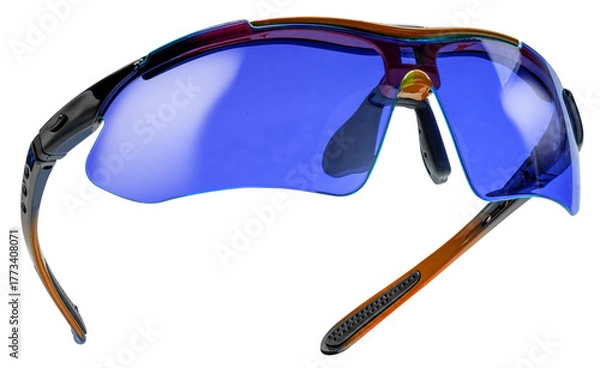 Fototapeta Blue Sport sunglasses isolated on white background with clipping path. Protective eyewear with green lenses and black-purple frame for outdoor cycling, running, or fitness activities PNG File.