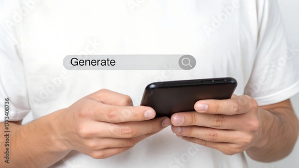 Fototapeta AI search technology concept. Businessman touch search bar on virtual screen. Change online search with generative AI.